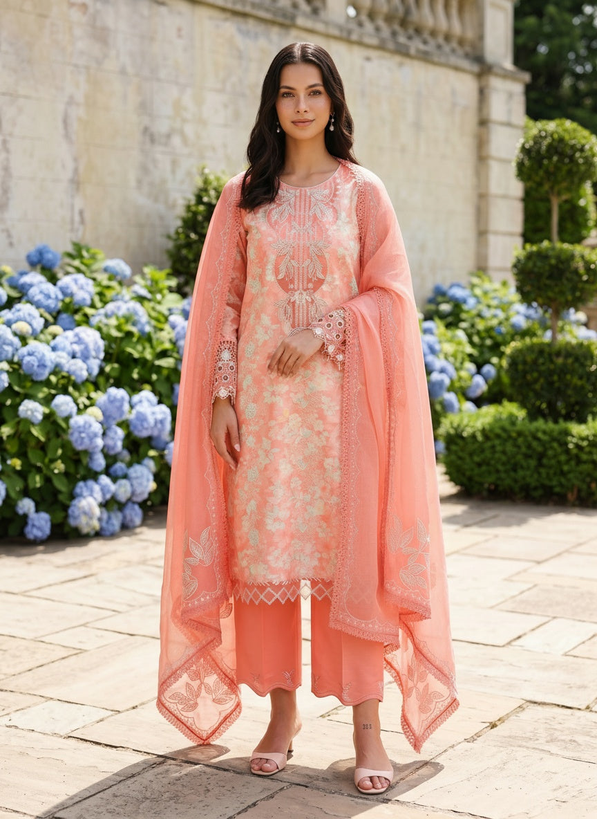Safina Coral Printed Embroidered Lawn Suit with Embroidered Textured Dupatta