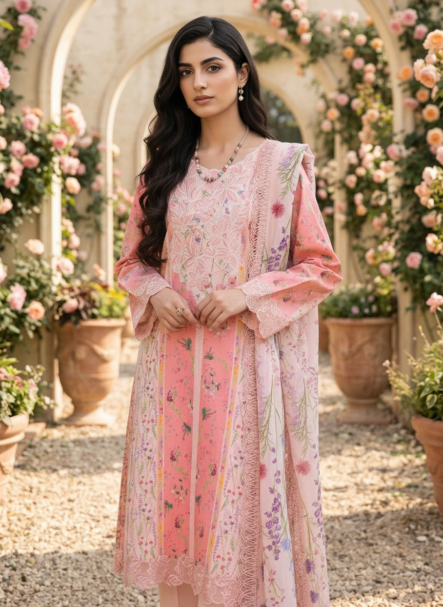 Daisy Coral Printed Satin Stripe Lawn Suit with Silk Dupatta