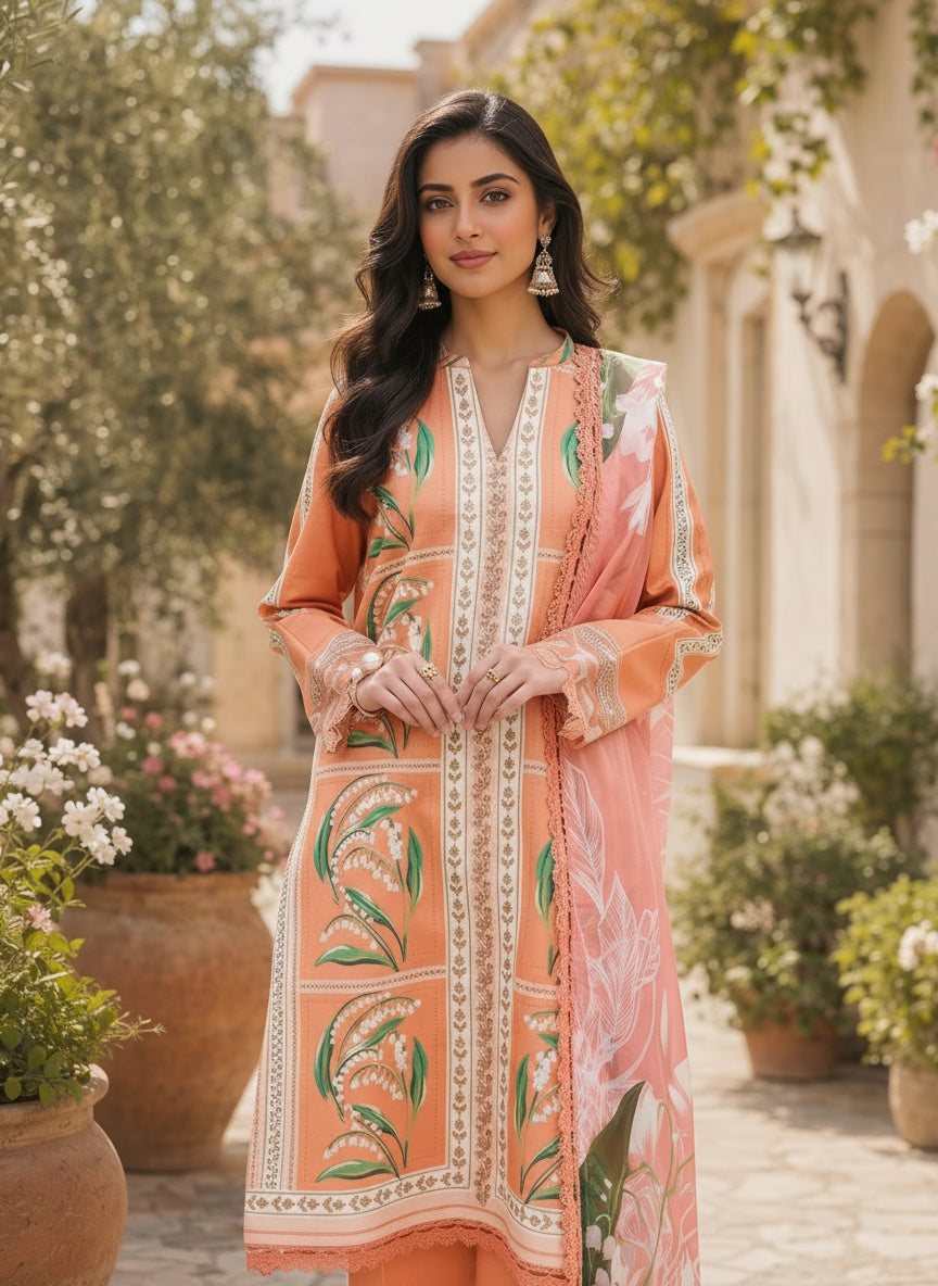 Mellow Peach Printed Lawn Suit with Silk Dupatta