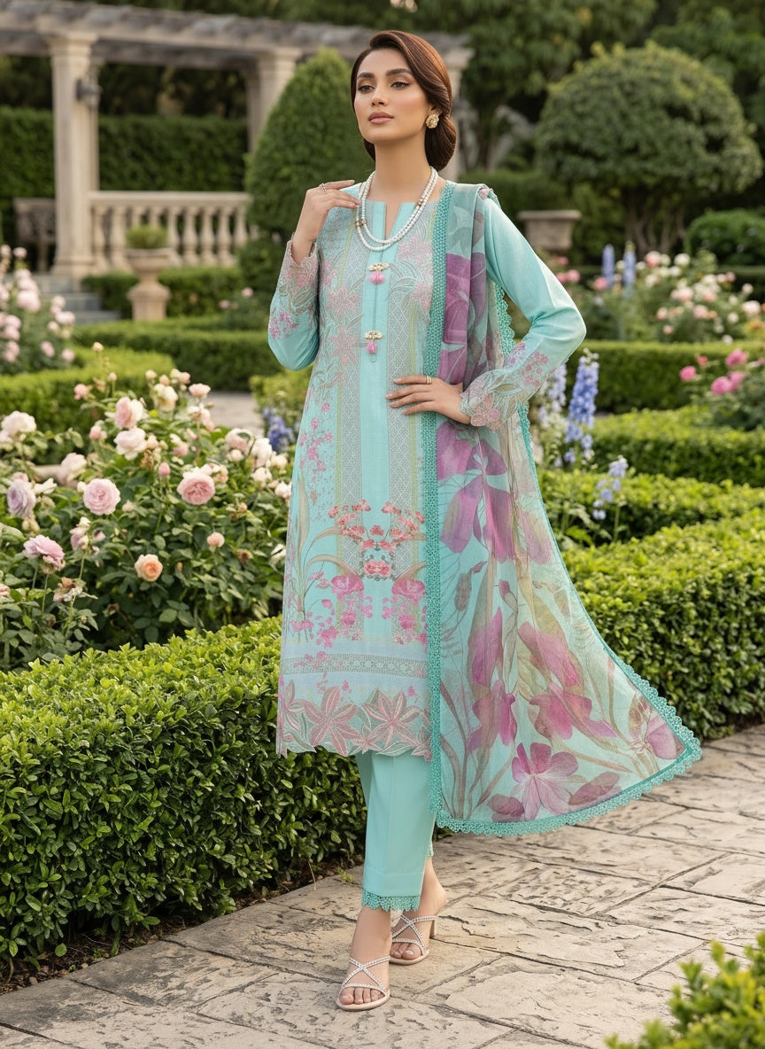 Aster Aqua Printed Lawn Suit with Voil Dupatta