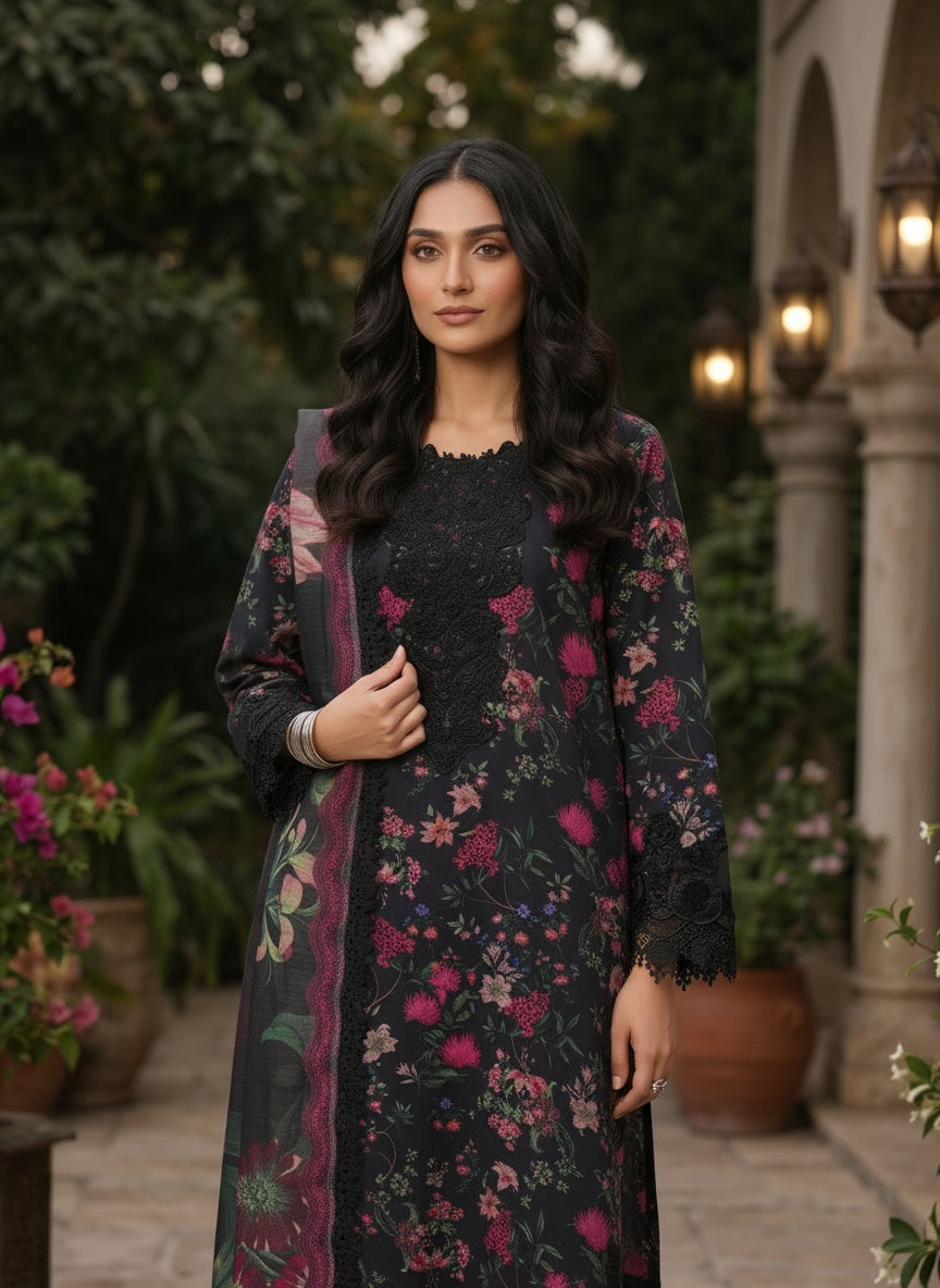 Midnight Black Printed Lawn Suit with Slub Dupatta