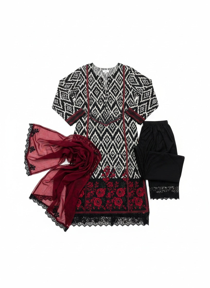 Peony Ivory & Black Printed Lawn Suit with Embroidered Chiffon Dupatta