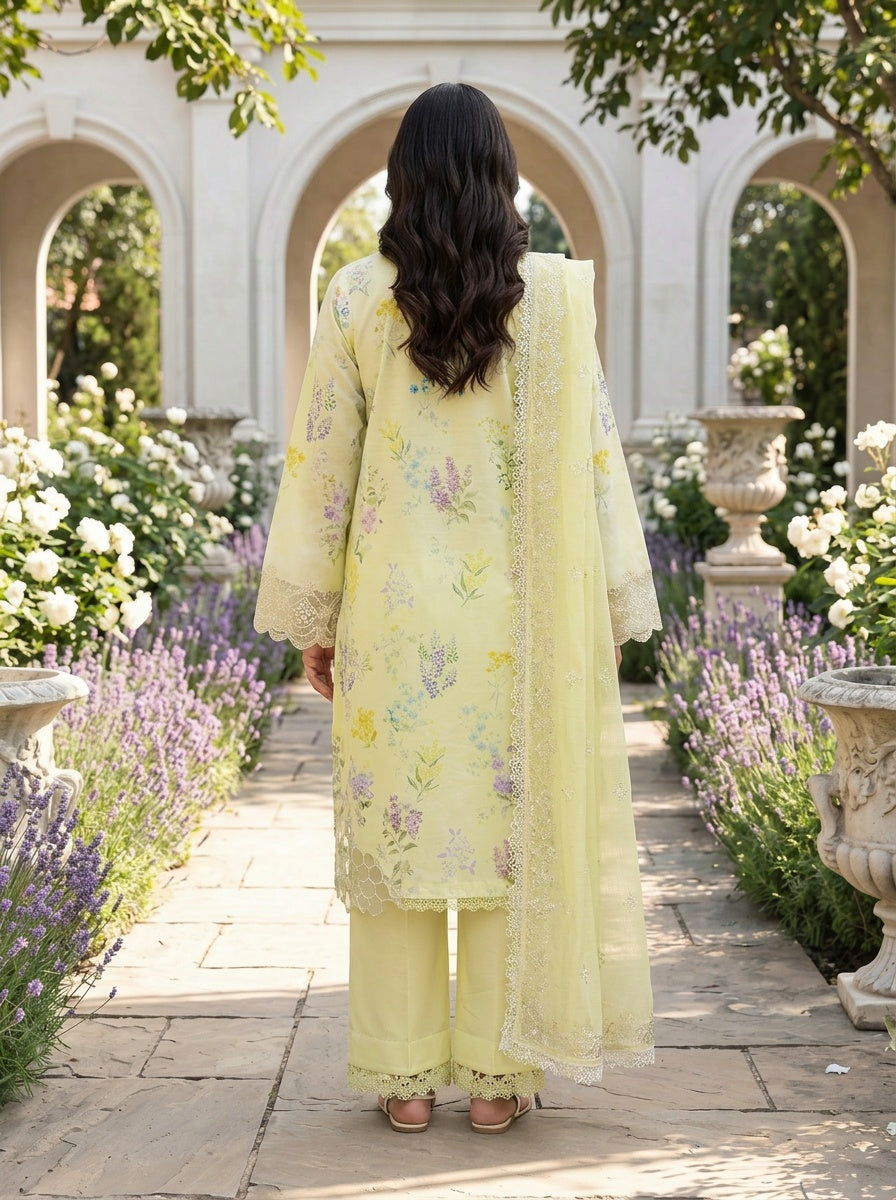 Misha Soft Lime Printed Embroidered Lawn Suit with Embroidered Dupatta