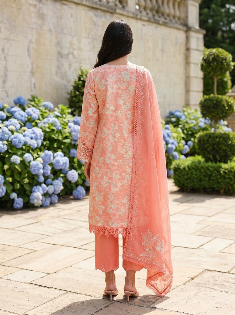 Safina Coral Printed Embroidered Lawn Suit with Embroidered Textured Dupatta