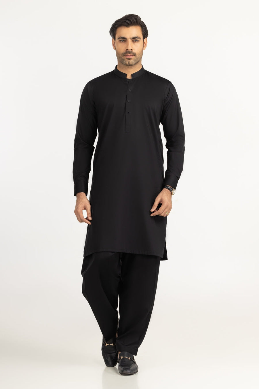 Midnight Navy Cotton Silk Blend 2-Piece Kameez | Mandarin Collar