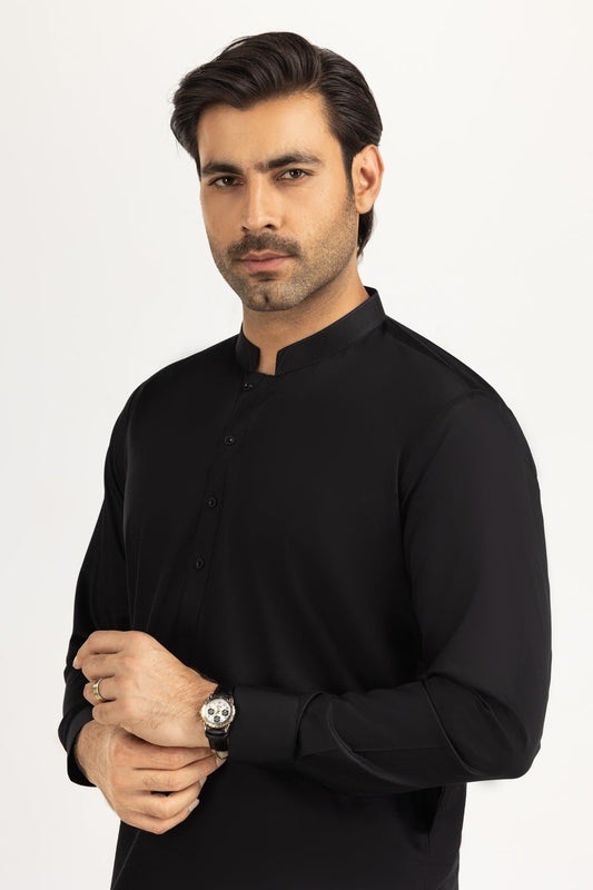 Midnight Navy Cotton Silk Blend 2-Piece Kameez | Mandarin Collar - Pehnaawaa
