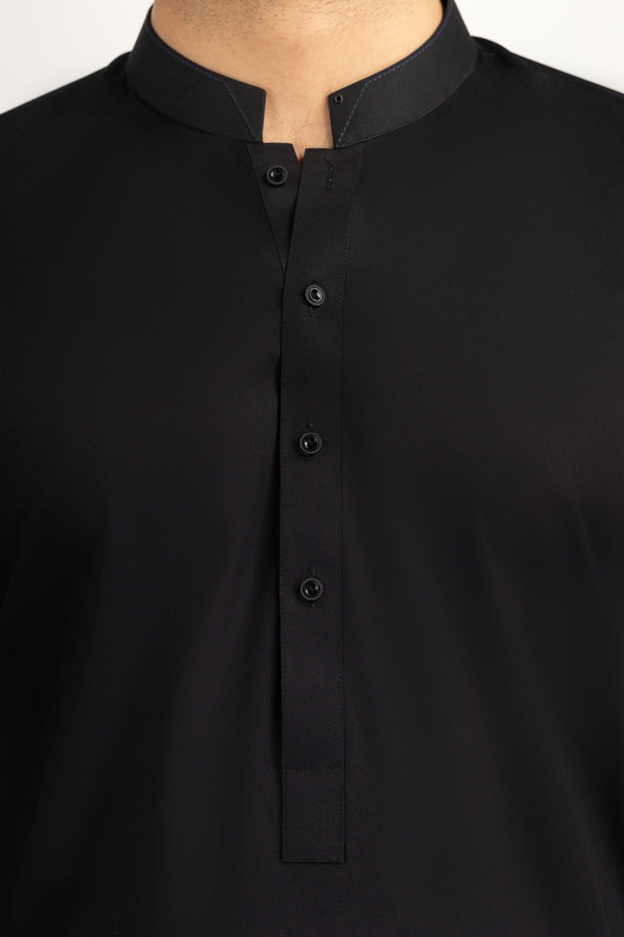 Midnight Navy Cotton Silk Blend 2-Piece Kameez | Mandarin Collar