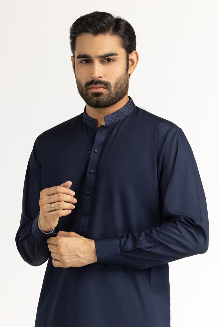 Midnight Navy Cotton 2-Piece Kurta | Embroidered Collar