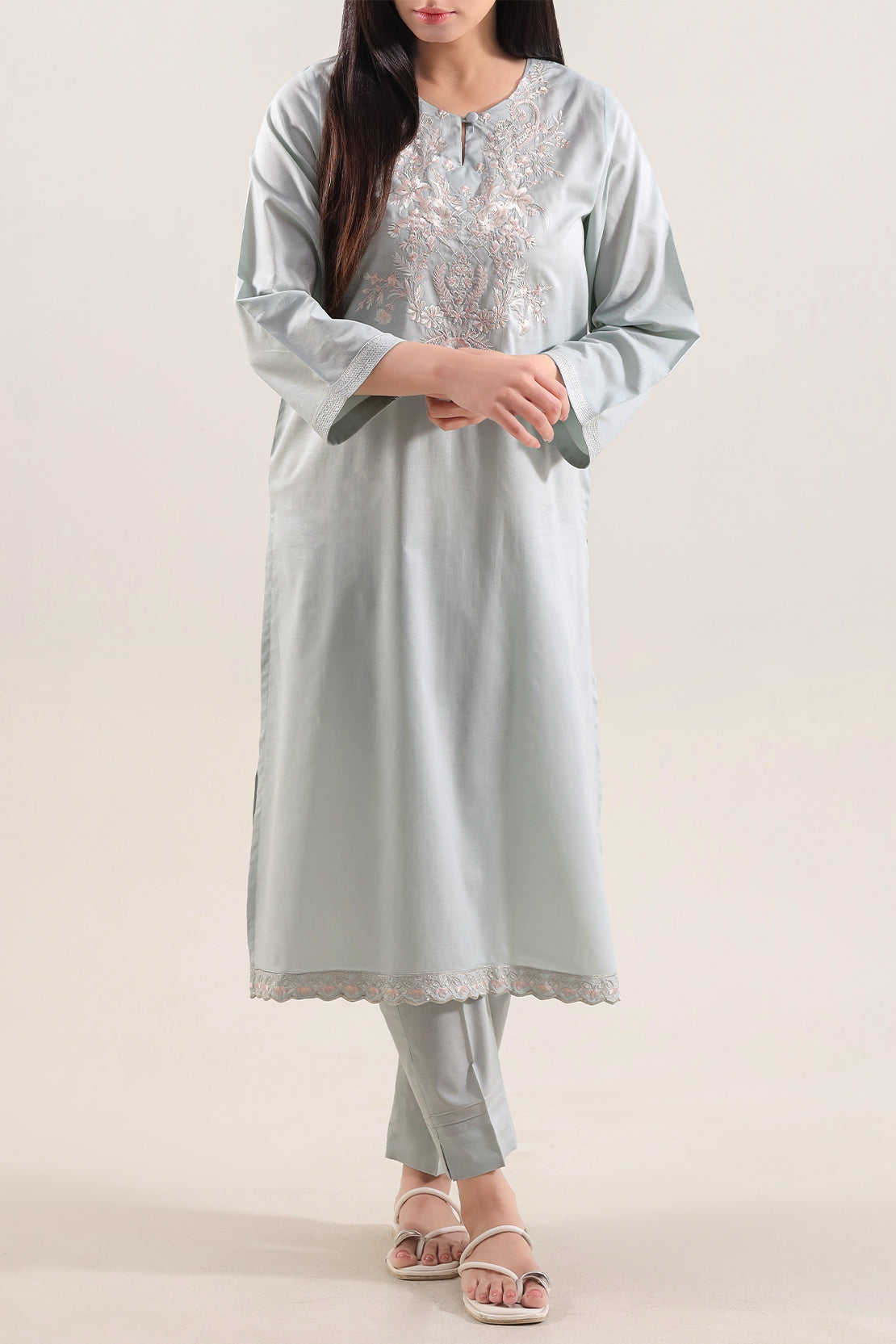 Solid Embroidered Cotton Stitched 2 Piece (Shirt/Trouser)