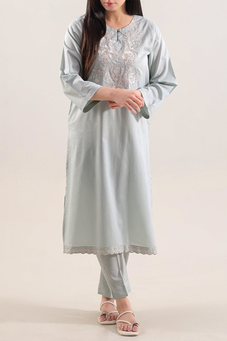 Solid Embroidered Cotton Stitched 2 Piece (Shirt/Trouser) - Pehnaawaa