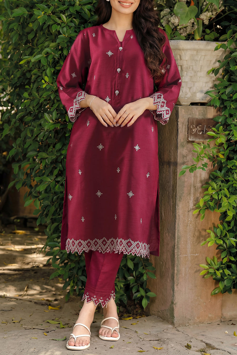 Solid Embroidered Korean Silk Stitched 2 Piece (Shirt/Trouser) - Pehnaawaa