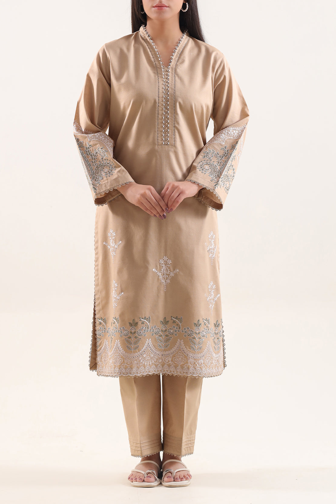 Solid Embroidered Slub Cotton Stitched 2 Piece (Shirt/Trouser)