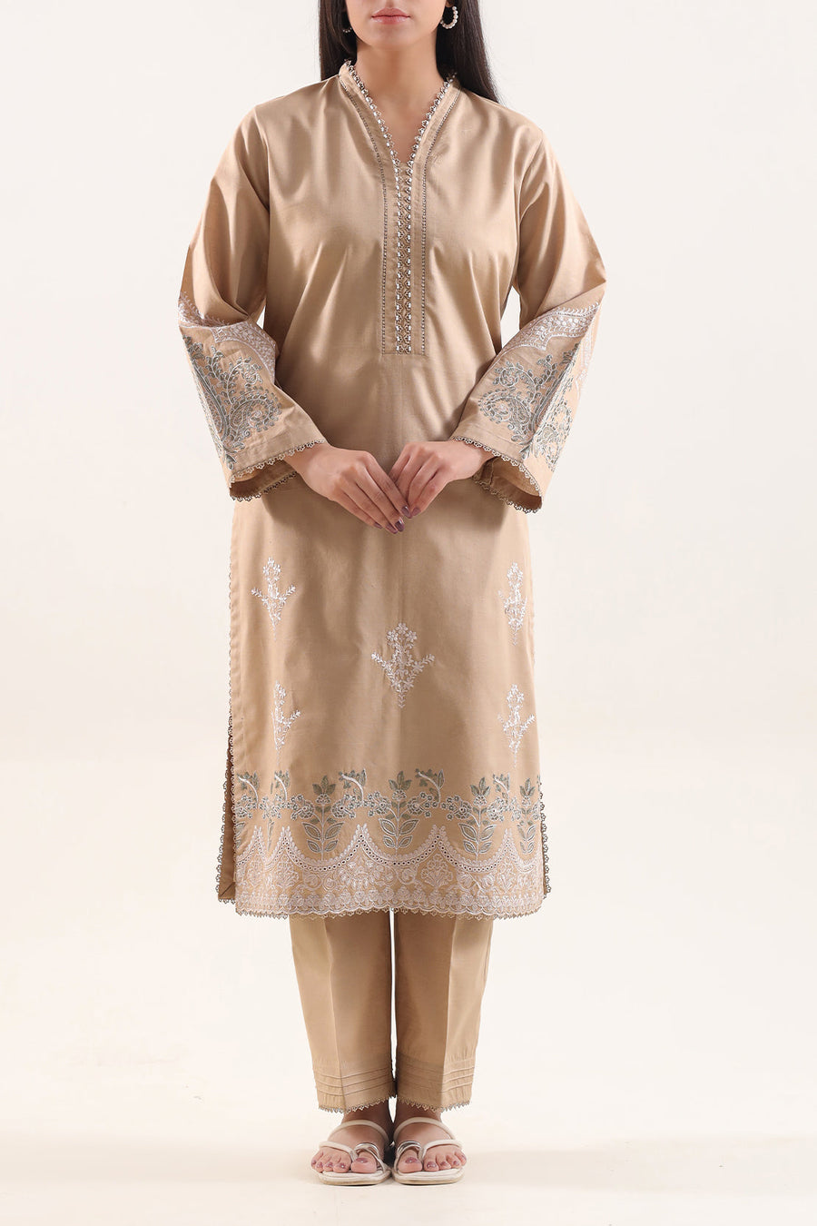 Solid Embroidered Slub Cotton Stitched 2 Piece (Shirt/Trouser) - Pehnaawaa