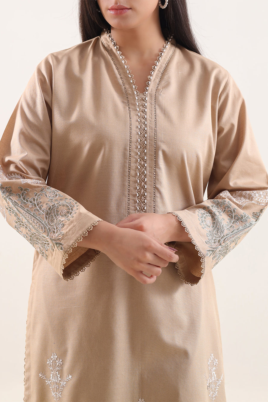 Solid Embroidered Slub Cotton Stitched 2 Piece (Shirt/Trouser) - Pehnaawaa