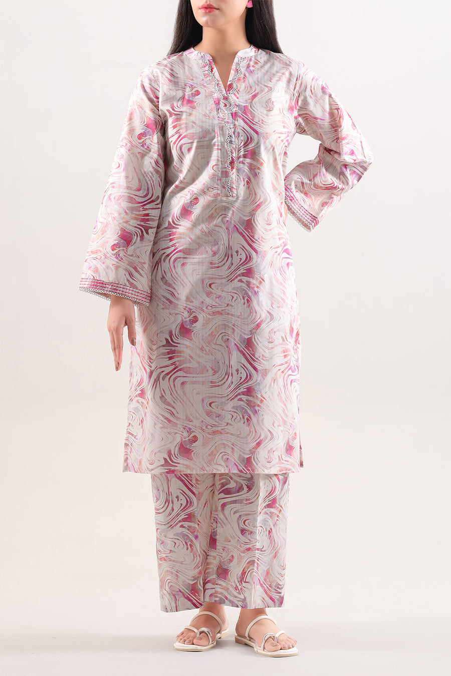 Printed Embroidered Self Strip Lawn Stitched 2 Piece (Shirt/Trouser) - Pehnaawaa