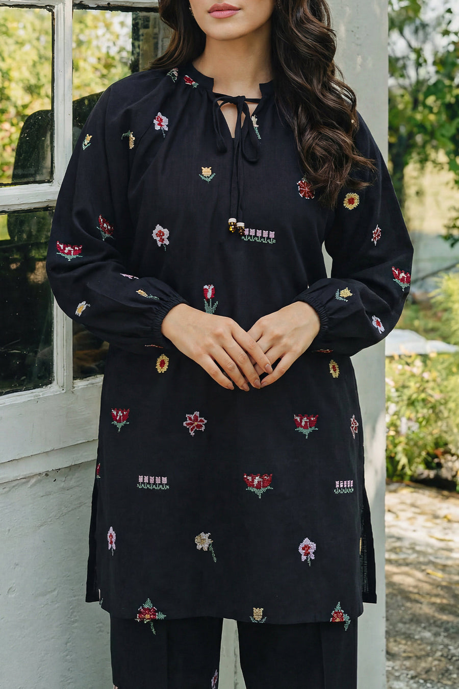 Solid Embroidered Cross Hatch Stitched 2 Piece (Shirt/Trouser) - Pehnaawaa