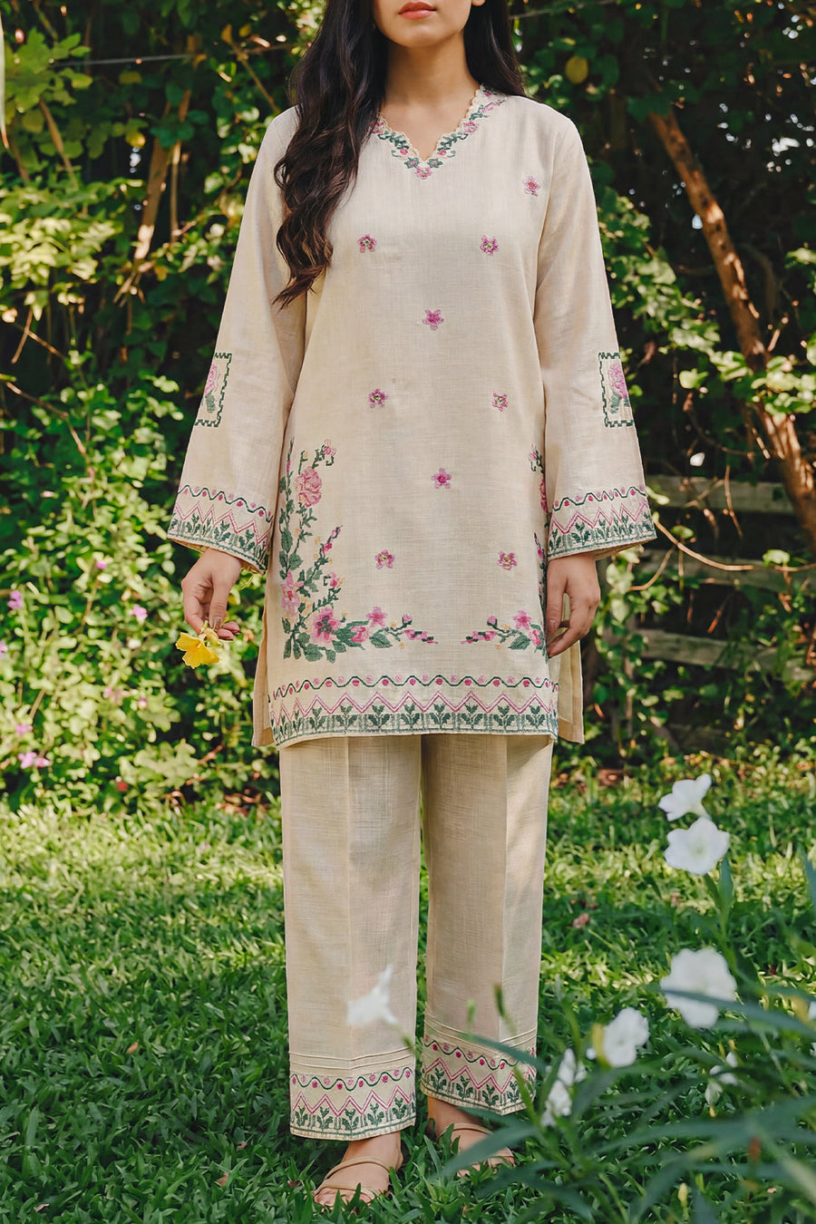 Solid Embroidered Cross Hatch Stitched 2 Piece (Shirt/Trouser) - Pehnaawaa