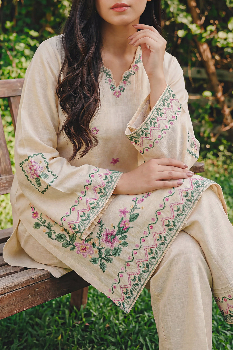 Solid Embroidered Cross Hatch Stitched 2 Piece (Shirt/Trouser) - Pehnaawaa