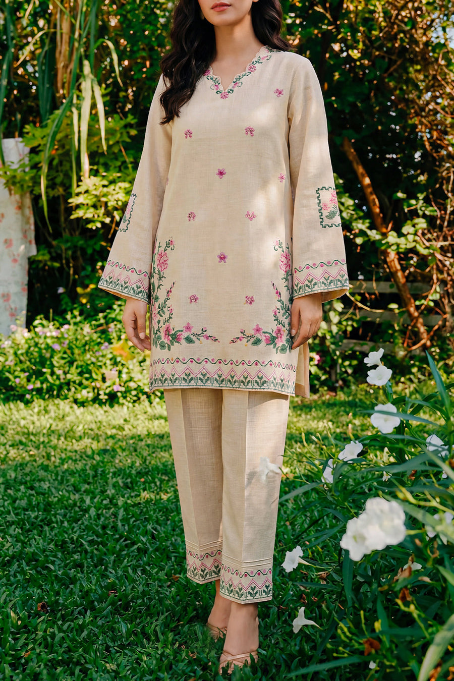 Solid Embroidered Cross Hatch Stitched 2 Piece (Shirt/Trouser) - Pehnaawaa