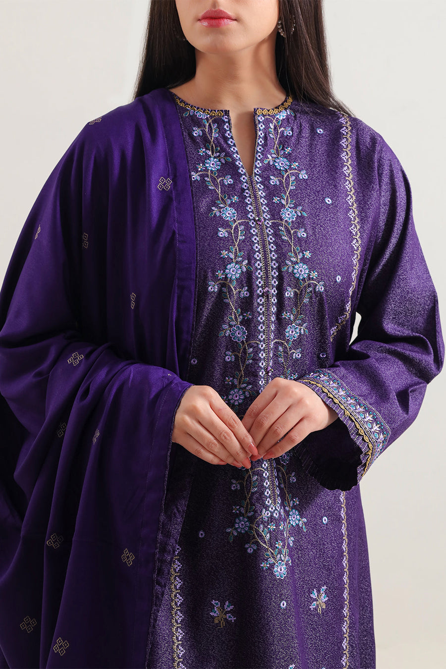 Solid Embroidered Karandi Stitched 2 Piece (Shirt/Trouser)