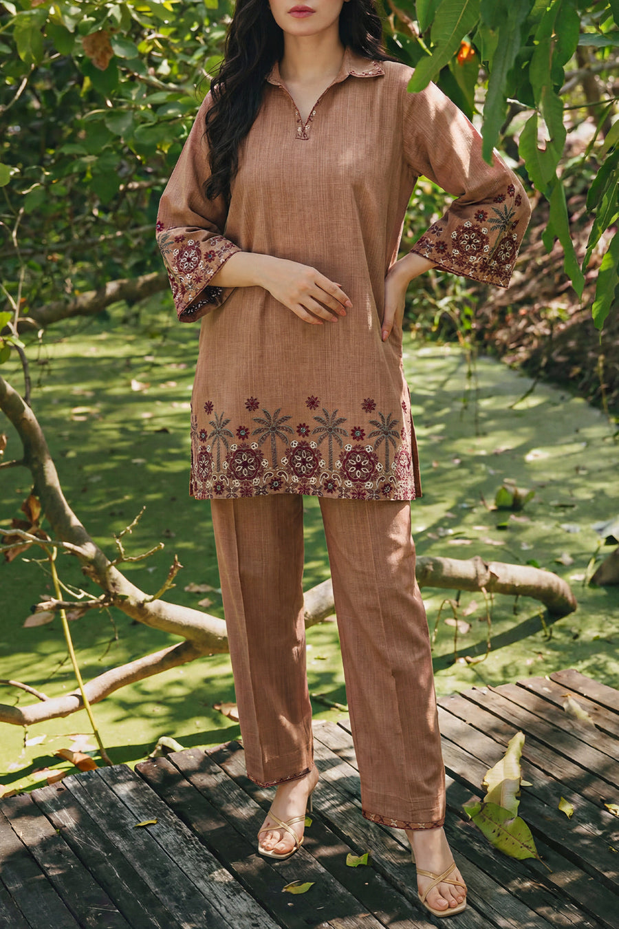 Solid Embroidered Cross Hatch Stitched 2 Piece (Shirt/Trouser) - Pehnaawaa