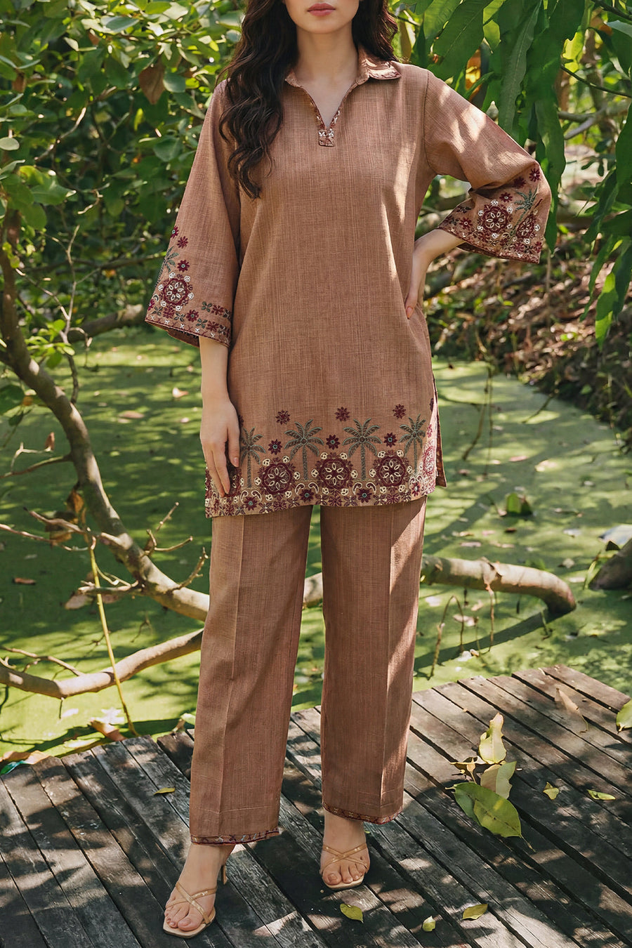 Solid Embroidered Cross Hatch Stitched 2 Piece (Shirt/Trouser) - Pehnaawaa