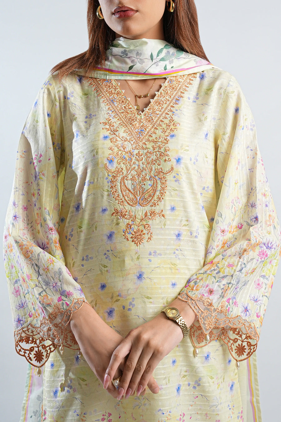 Printed Embroidered Cotton Jacquard Stitched 2 Piece (Shirt/Dupatta) - Pehnaawaa