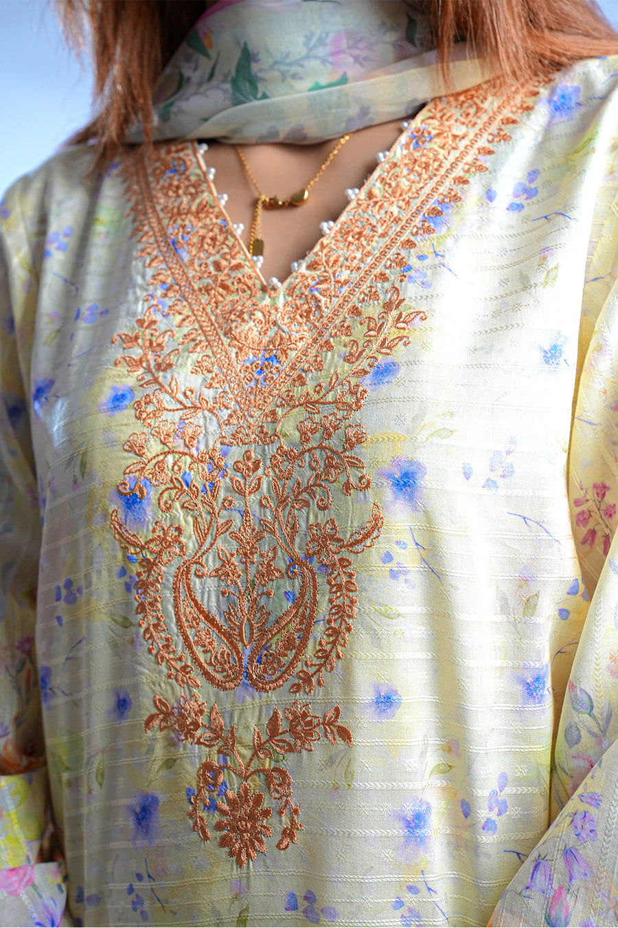 Printed Embroidered Cotton Jacquard Stitched 2 Piece (Shirt/Dupatta) - Pehnaawaa