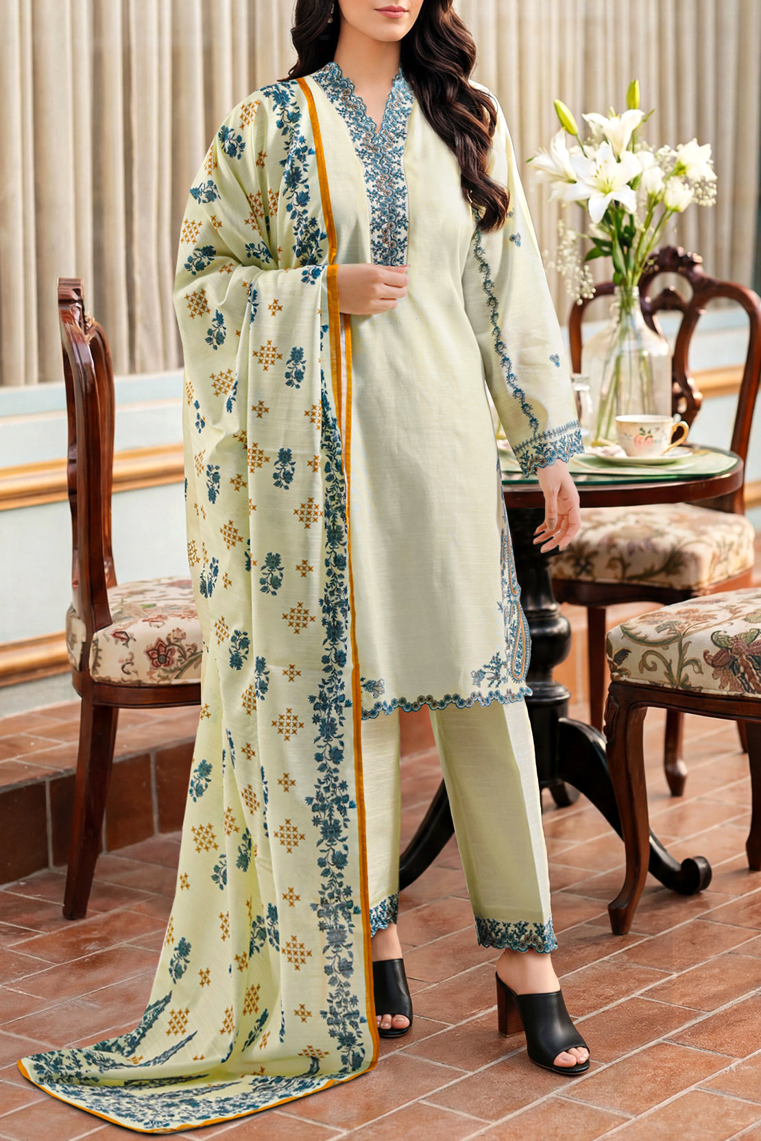 Solid Embroidered Khaddar Stitched 3 Piece