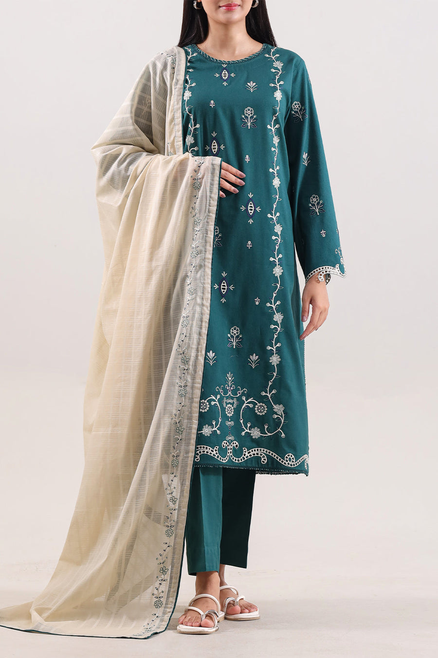 Solid Embroidered Cambric Stitched 3 Piece - Pehnaawaa