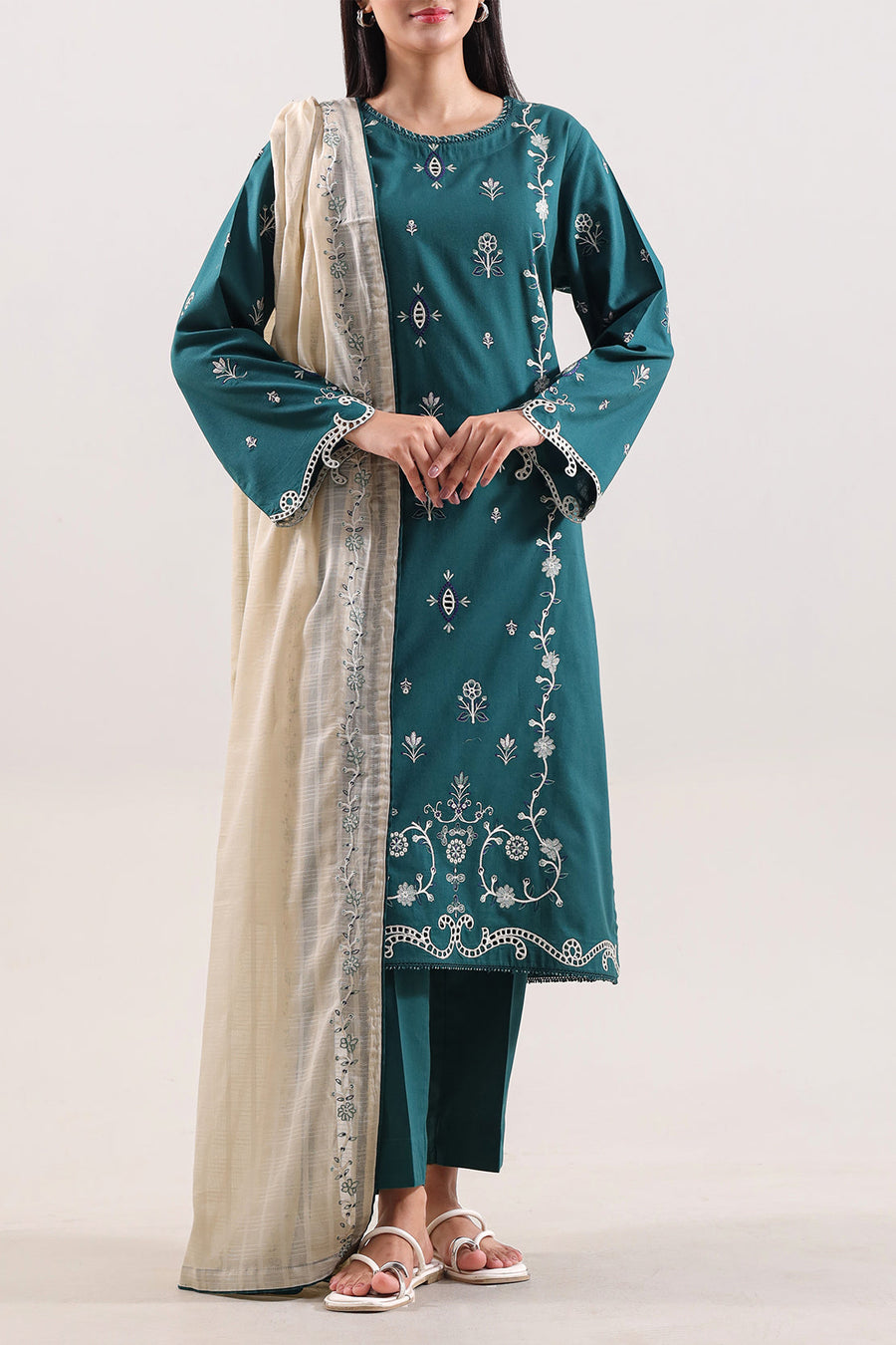 Solid Embroidered Cambric Stitched 3 Piece - Pehnaawaa