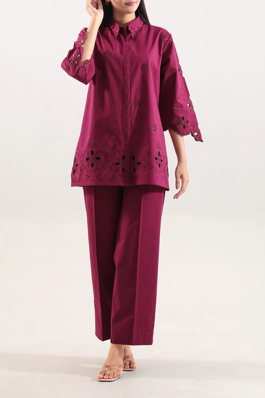 Solid Embroidered Poplin Stitched 2 piece (Shirt/Trouser) - Pehnaawaa