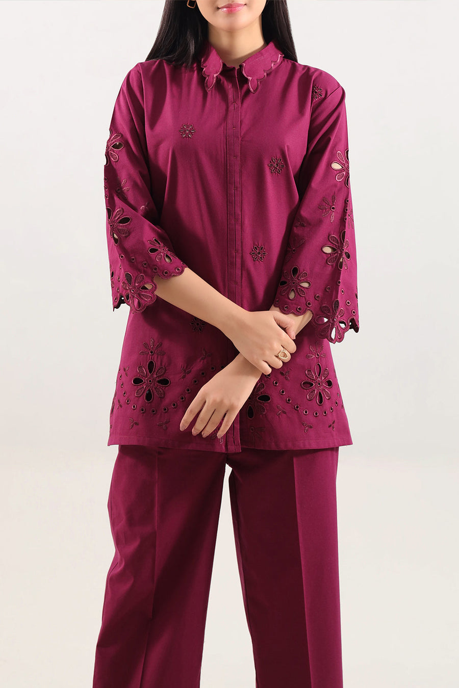 Solid Embroidered Poplin Stitched 2 piece (Shirt/Trouser) - Pehnaawaa