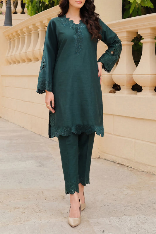 Solid Embroidered Korean Silk Stitched 2 Piece (Shirt/Trouser) - Pehnaawaa