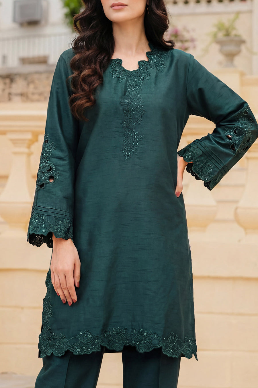 Solid Embroidered Korean Silk Stitched 2 Piece (Shirt/Trouser) - Pehnaawaa