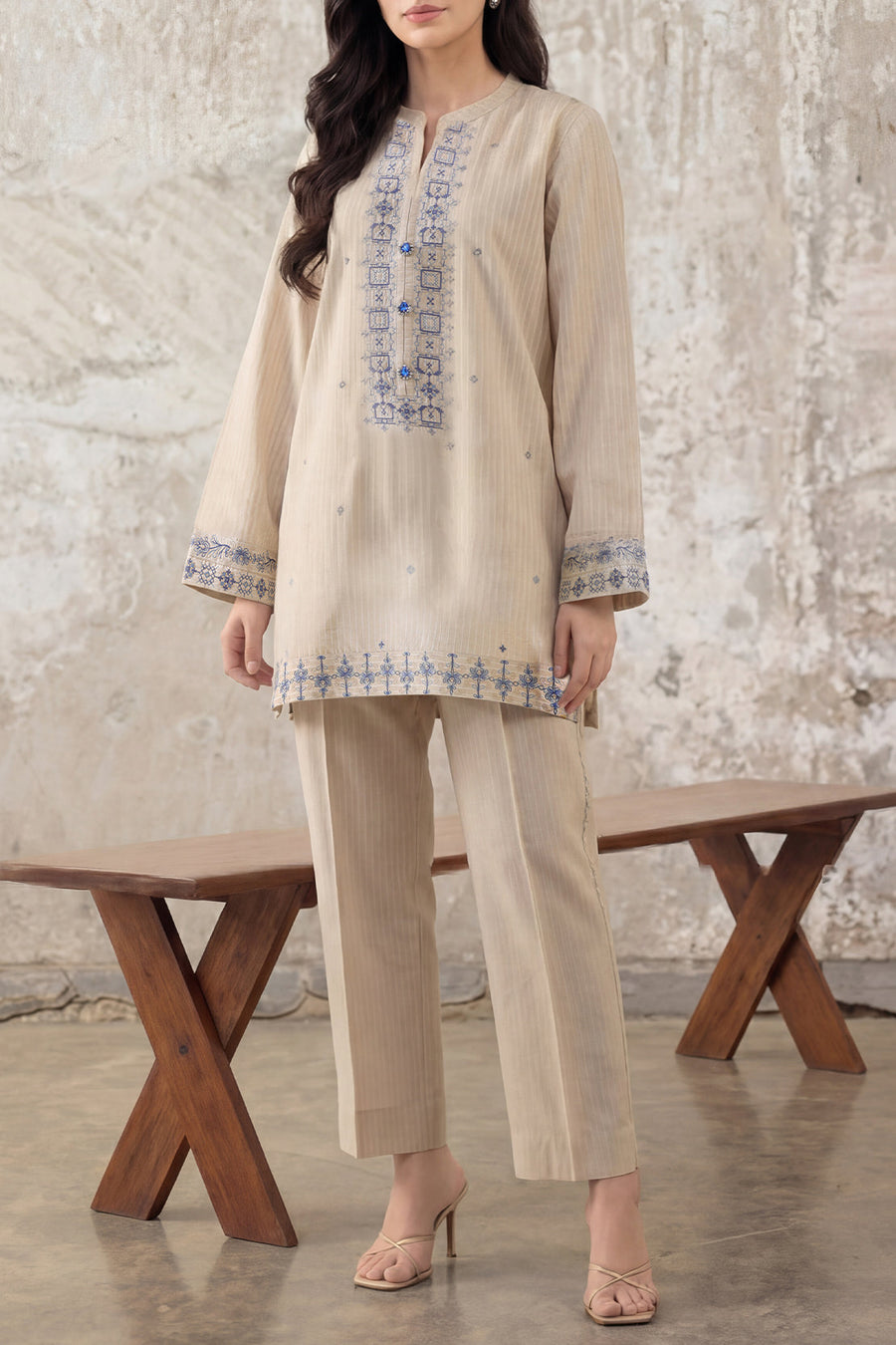 Beige Cotton Embroidered | Stitched 7302 137302 - Pehnaawaa