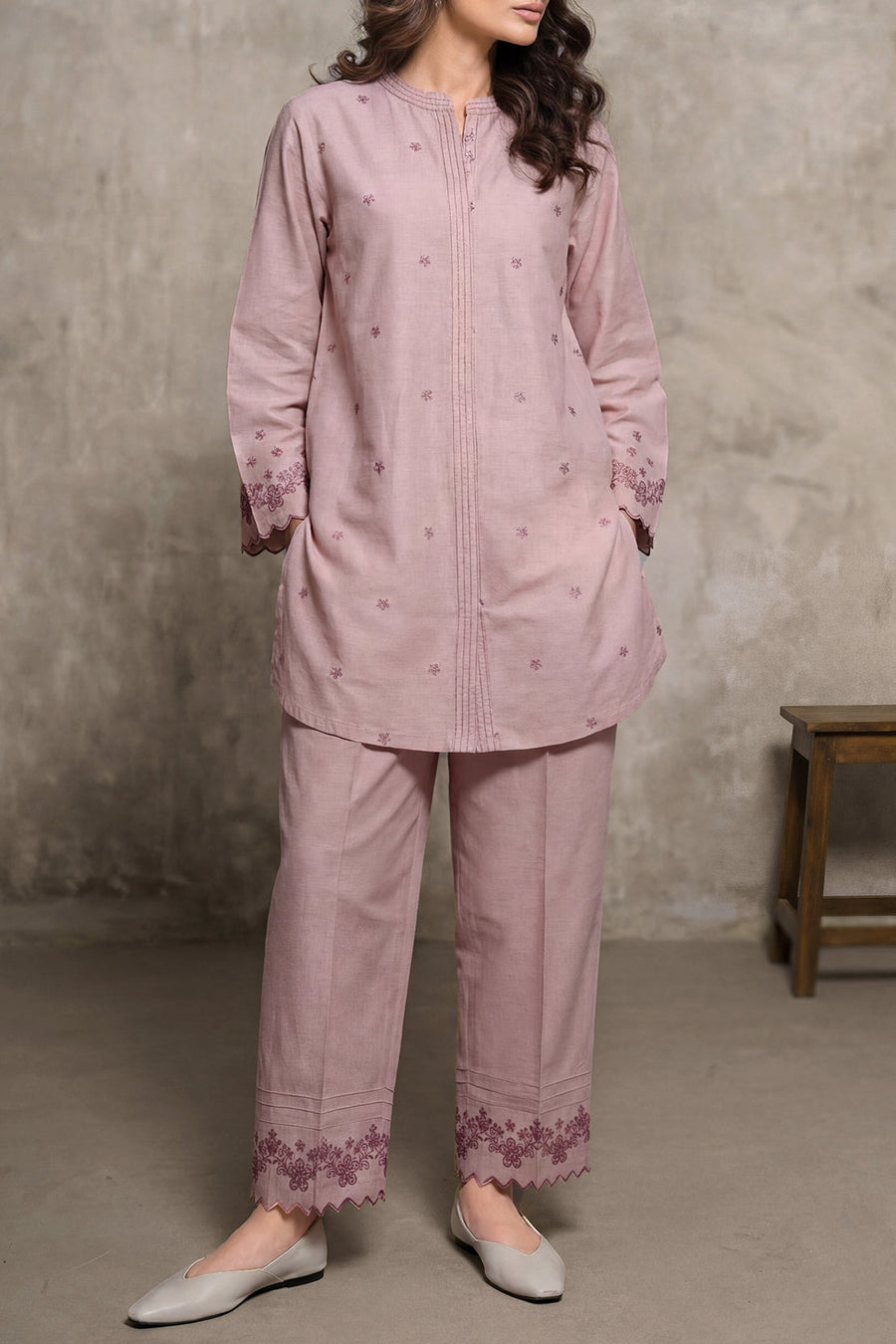 Solid Embroidered Cotton Linen Stitched 2 Piece (Shirt/Trouser) - Pehnaawaa