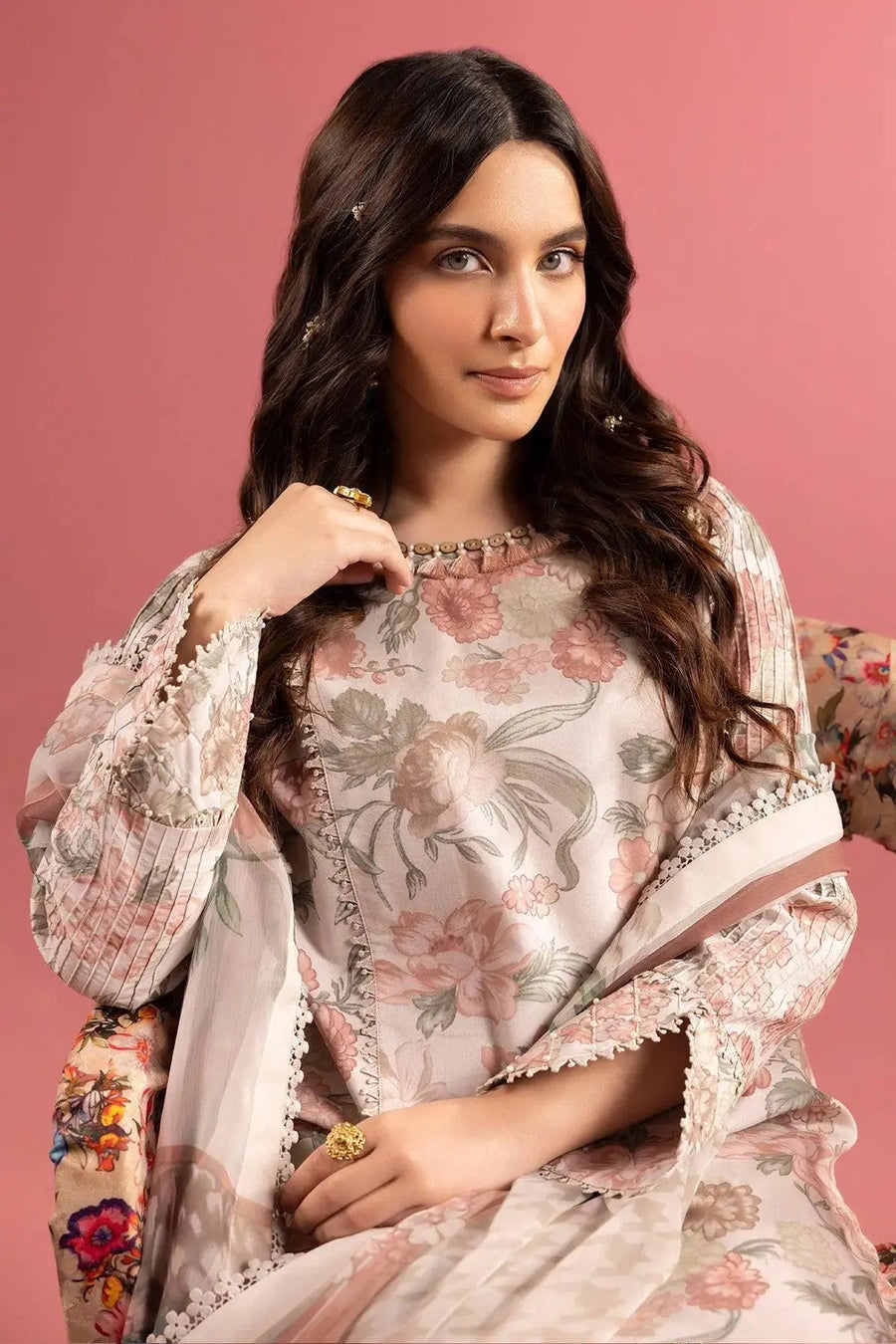 Blush Pink Floral Printed Lawn Suit with Chiffon Dupatta