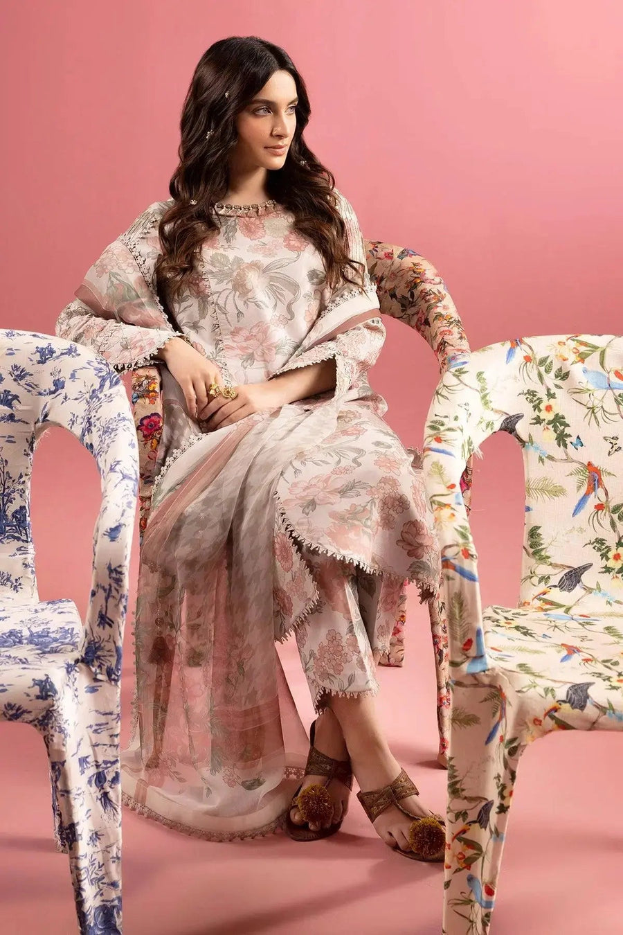 Blush Pink Floral Printed Lawn Suit with Chiffon Dupatta