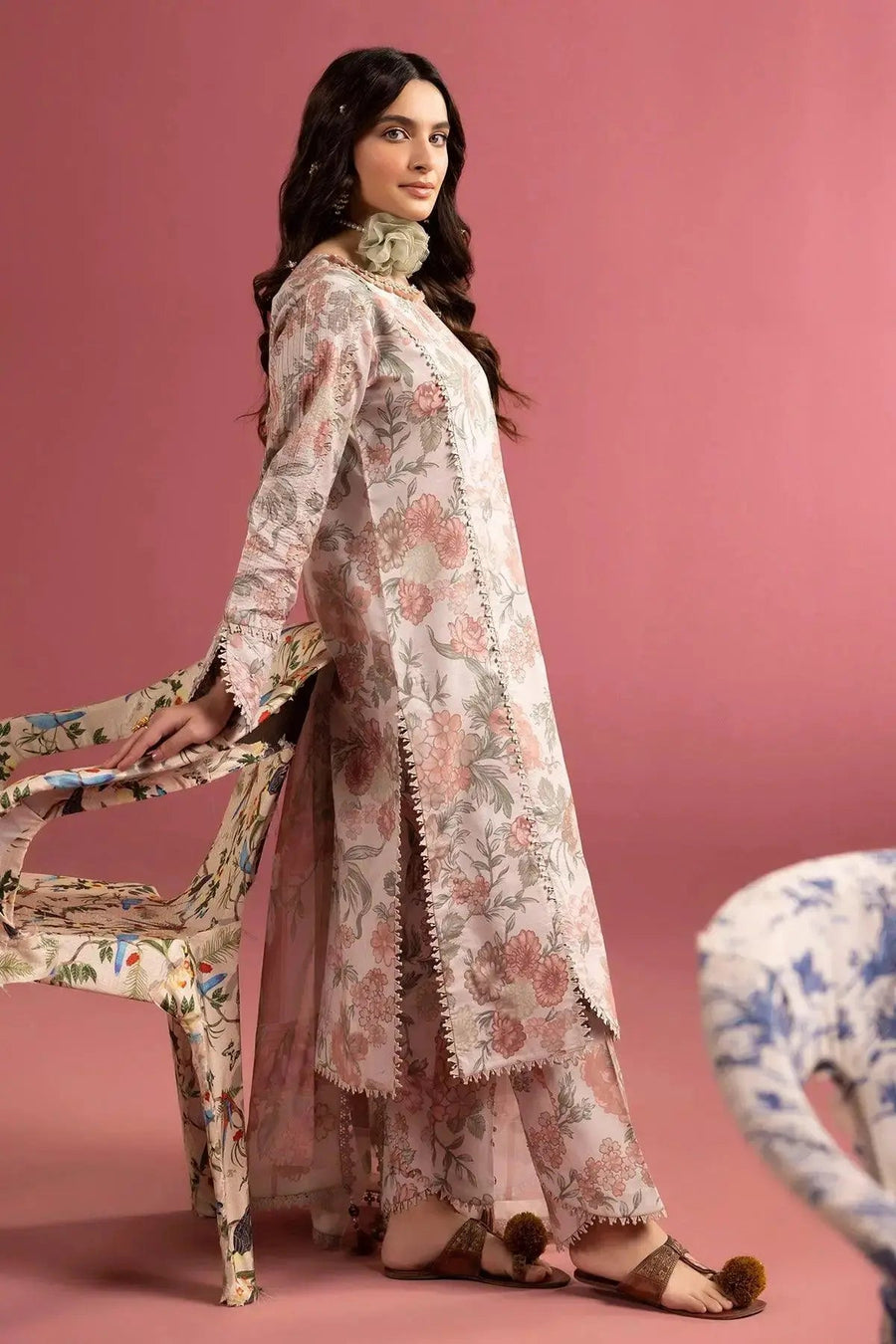 Blush Pink Floral Printed Lawn Suit with Chiffon Dupatta