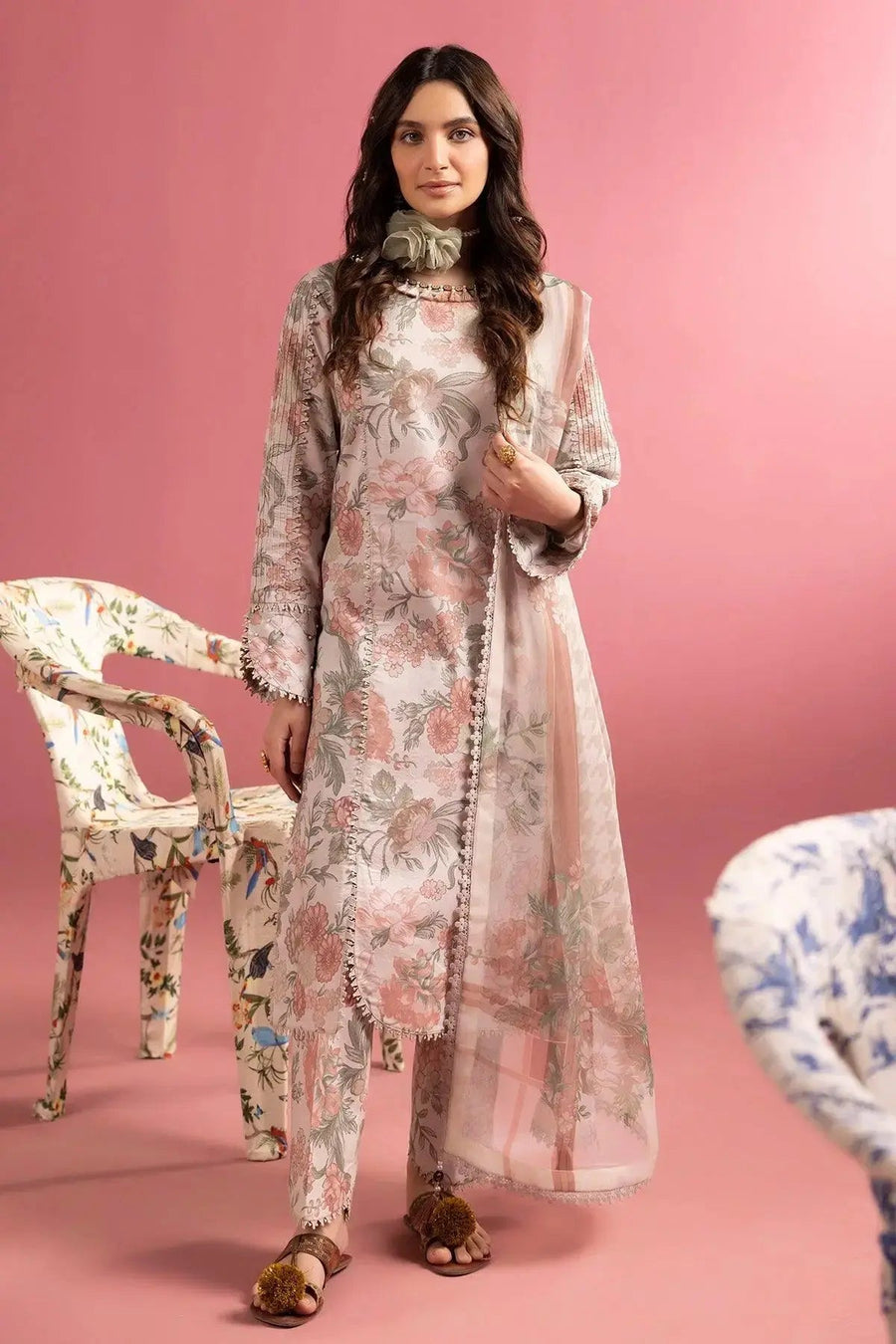 Blush Pink Floral Printed Lawn Suit with Chiffon Dupatta
