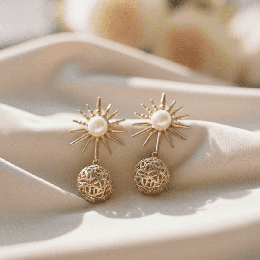 Golden sunburst pearl earrings with filigree spheres shown on off-white fabric under soft natural light