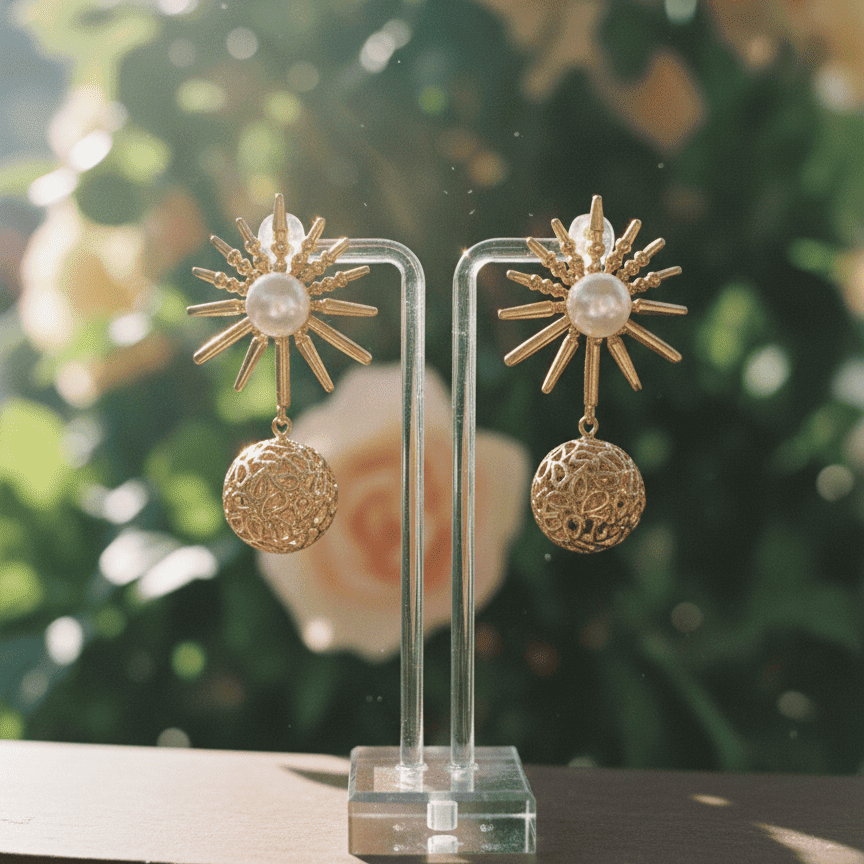 Front view of golden sunburst pearl earrings displayed on transparent stand with blurred greenery background