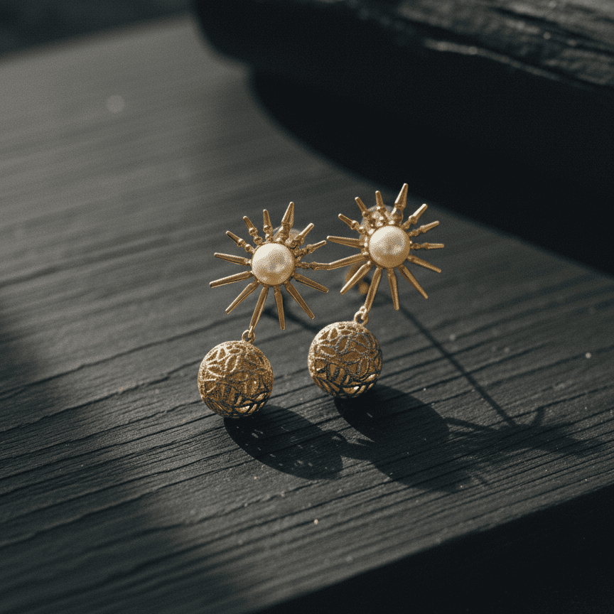 Pair of golden sunburst pearl earrings placed on dark textured wood surface casting soft shadows