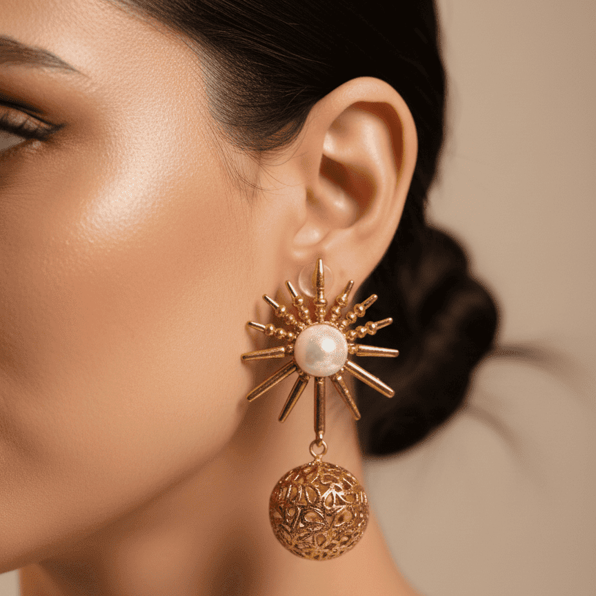 Close-up of a woman wearing golden sunburst pearl earrings highlighting detailed design