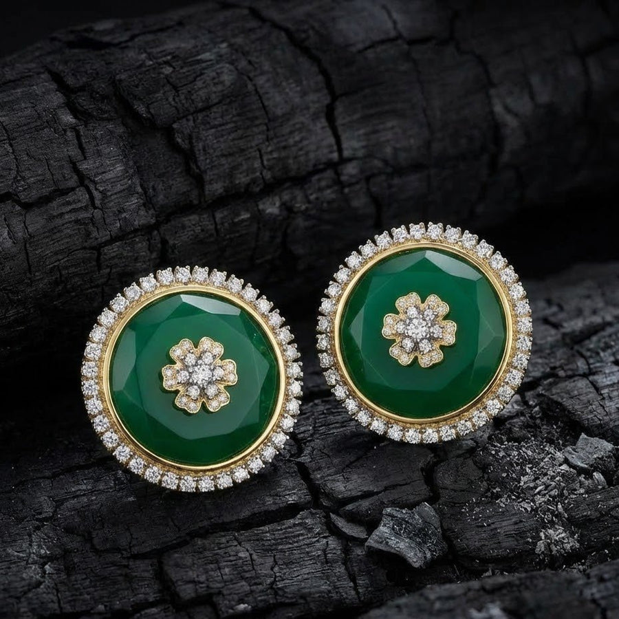 Model wearing clear stone round stud earrings with intricate sparkling halos, styled with neutral makeup and casual hairstyle