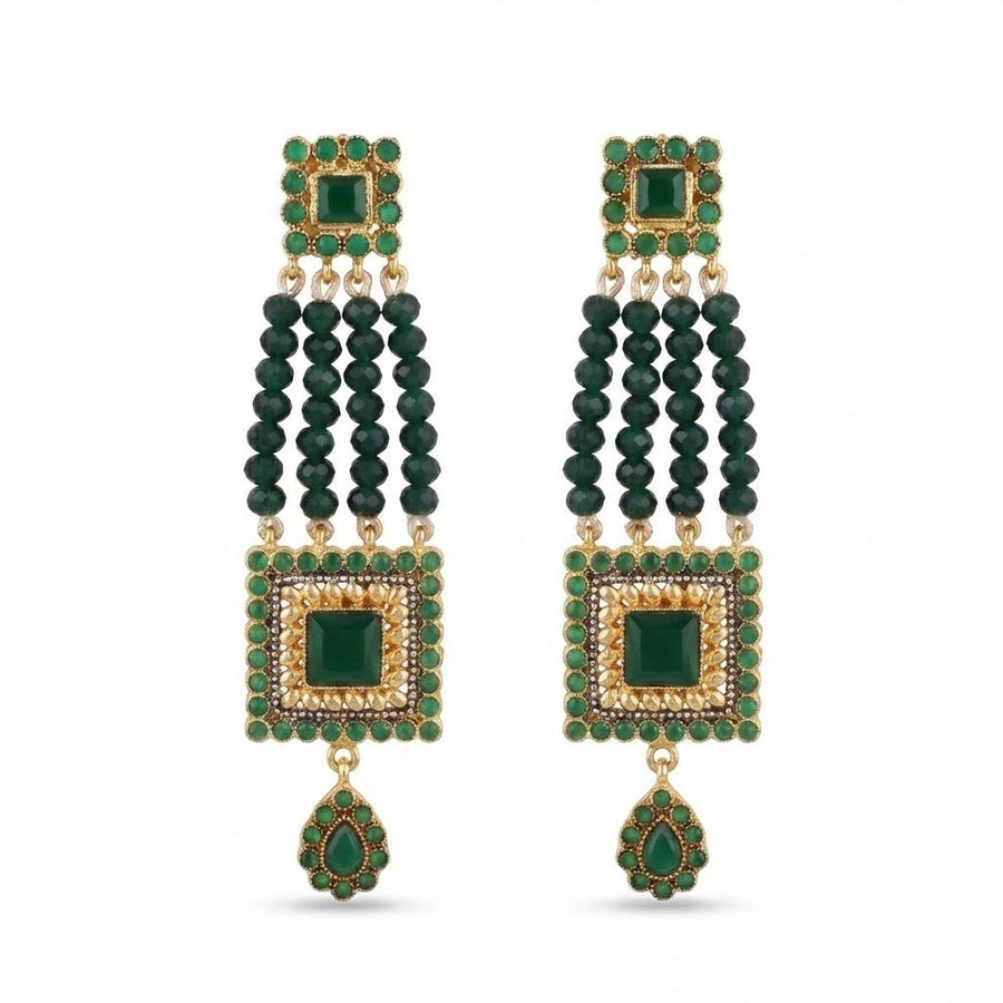 Pair of long green gemstone bead earrings with gold-tone square motifs and teardrop pendants