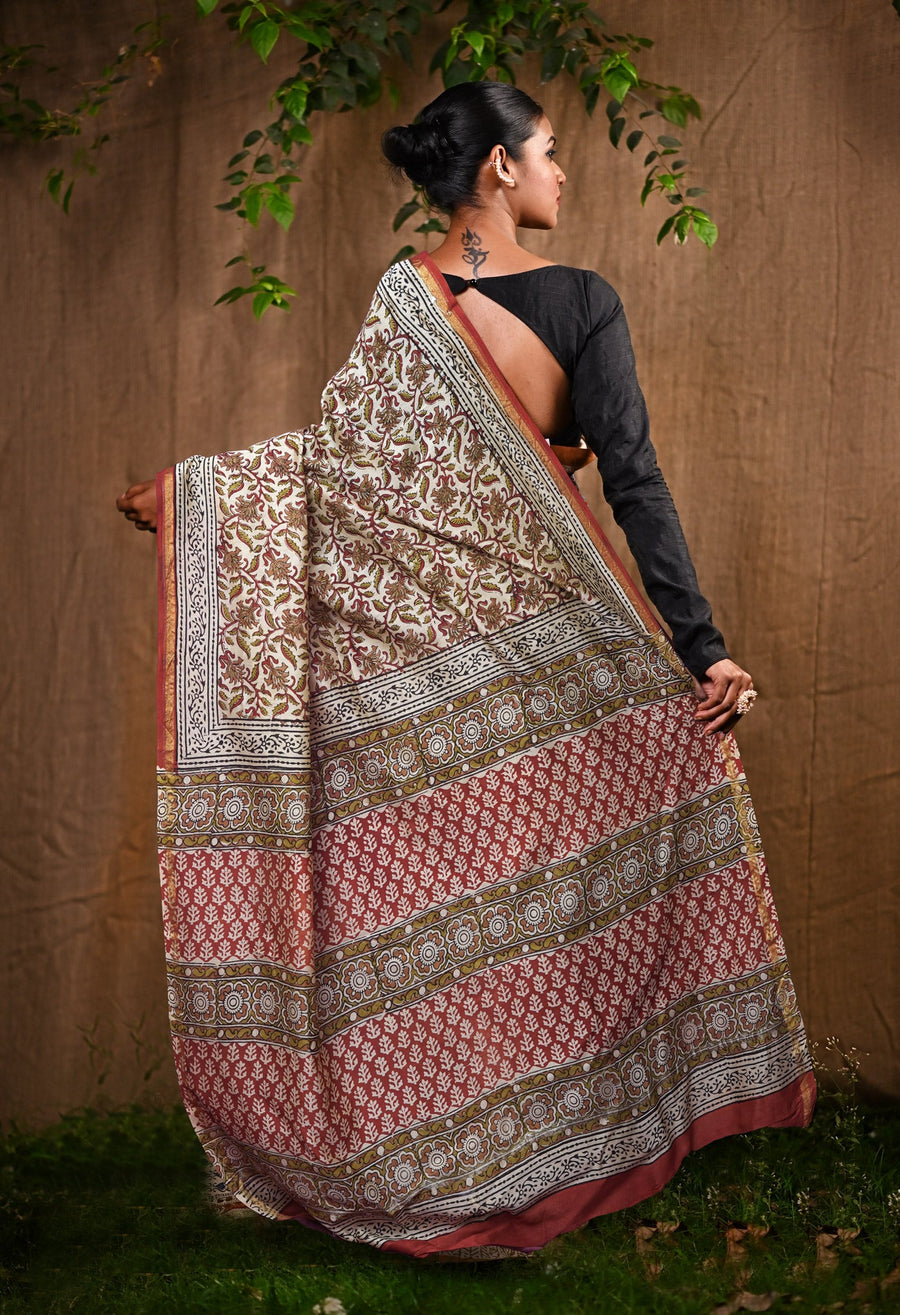 Cream Pure Bagru Kalamkari Printed Chanderi Sico Saree-UNM82646 - Pehnaawaa