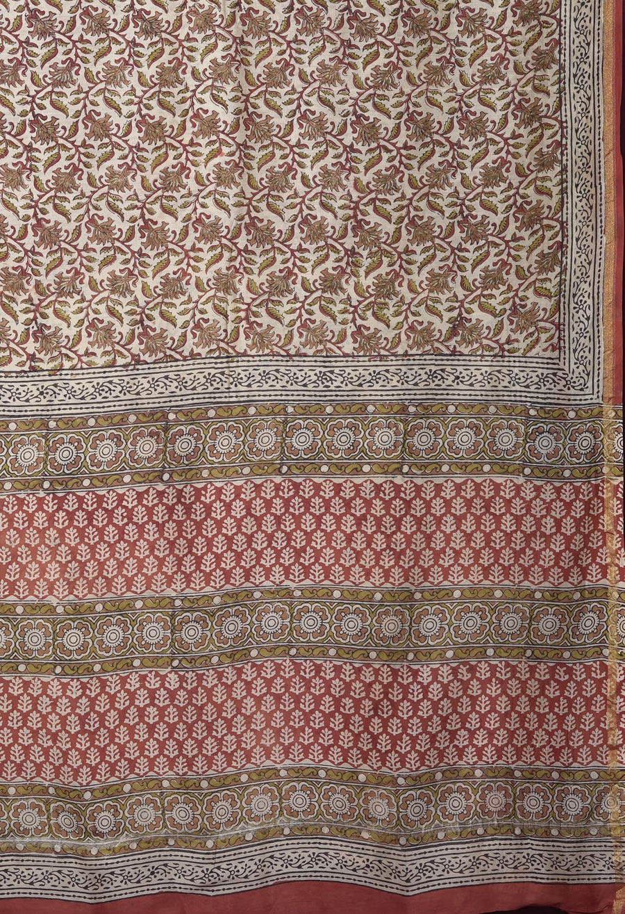 Cream Pure Bagru Kalamkari Printed Chanderi Sico Saree-UNM82646 - Pehnaawaa