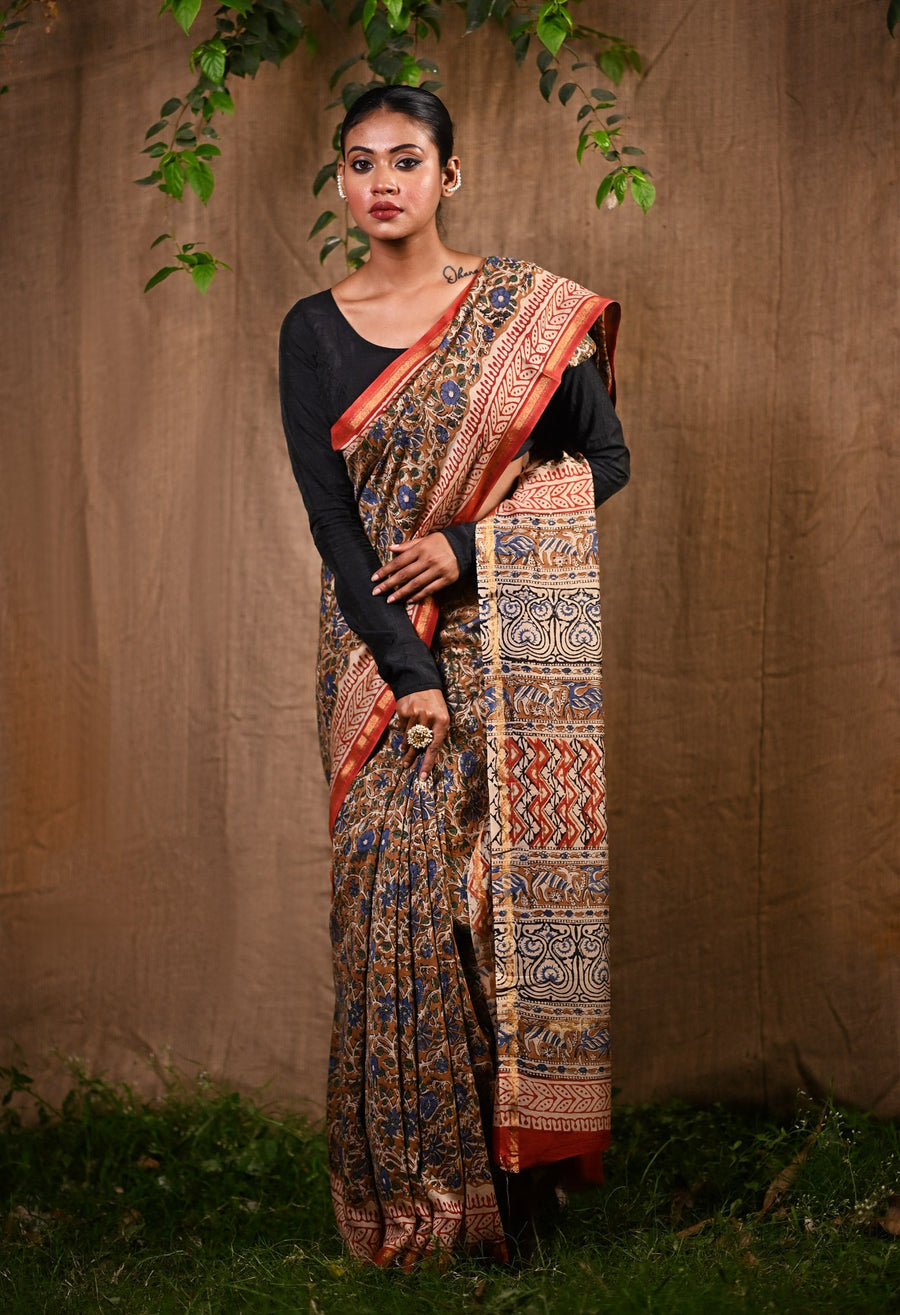 Brown Pure Bagru Kalamkari Printed Chanderi Sico Saree-UNM76668 - Pehnaawaa
